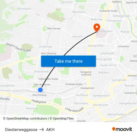 Diesterweggasse to AKH map