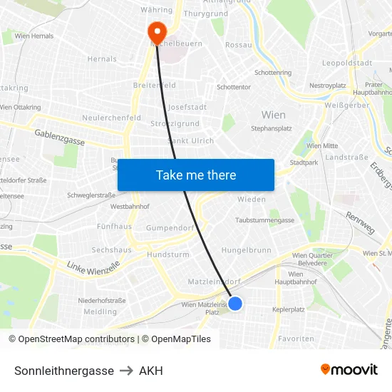 Sonnleithnergasse to AKH map