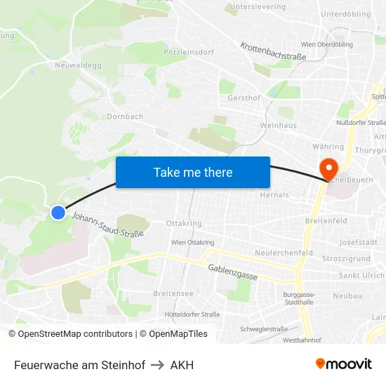 Feuerwache am Steinhof to AKH map