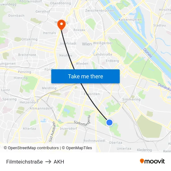 Filmteichstraße to AKH map