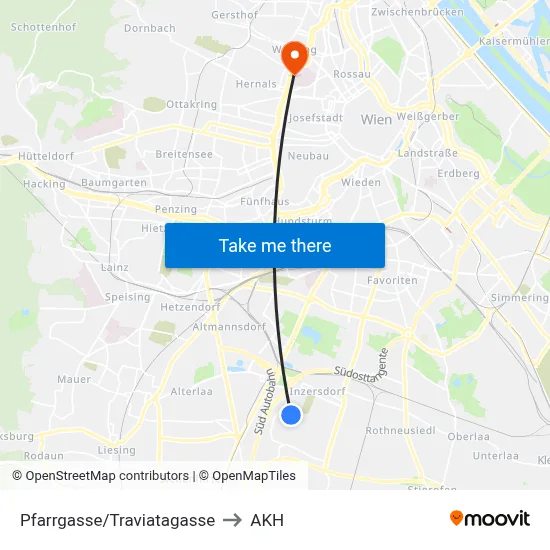 Pfarrgasse/Traviatagasse to AKH map