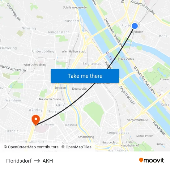 Floridsdorf to AKH map