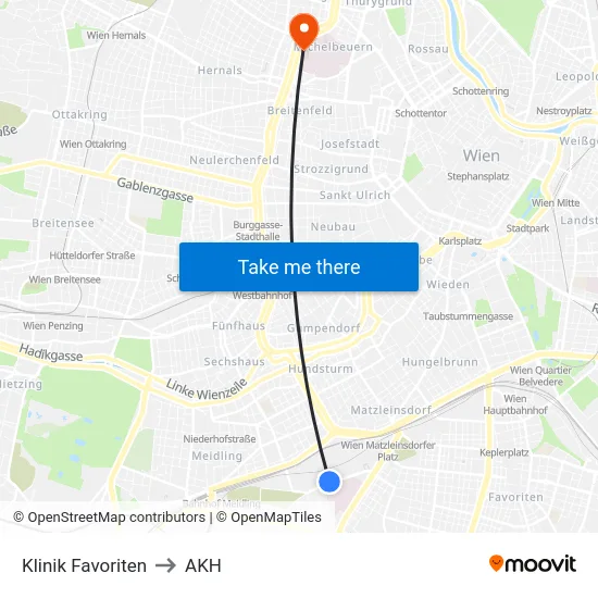 Klinik Favoriten to AKH map