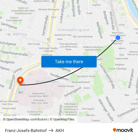 Franz-Josefs-Bahnhof to AKH map
