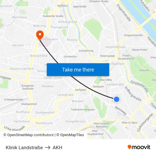 Klinik Landstraße to AKH map