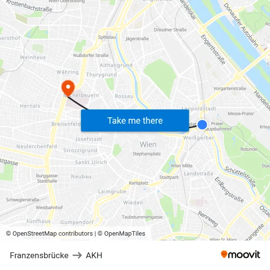 Franzensbrücke to AKH map