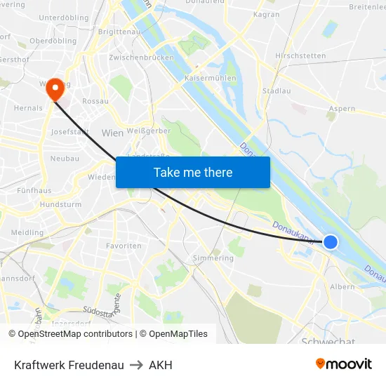 Kraftwerk Freudenau to AKH map