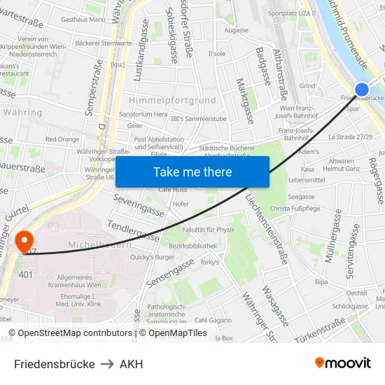 Friedensbrücke to AKH map