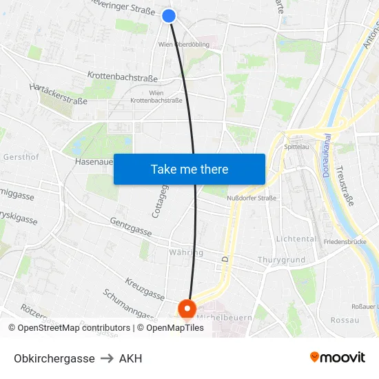 Obkirchergasse to AKH map