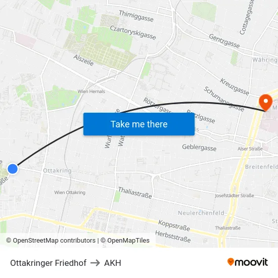 Ottakringer Friedhof to AKH map
