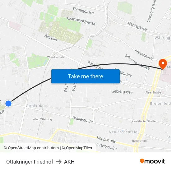 Ottakringer Friedhof to AKH map
