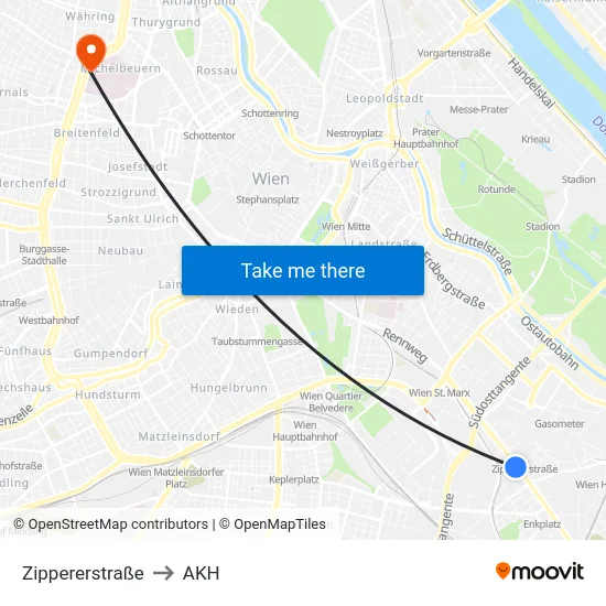 Zippererstraße to AKH map