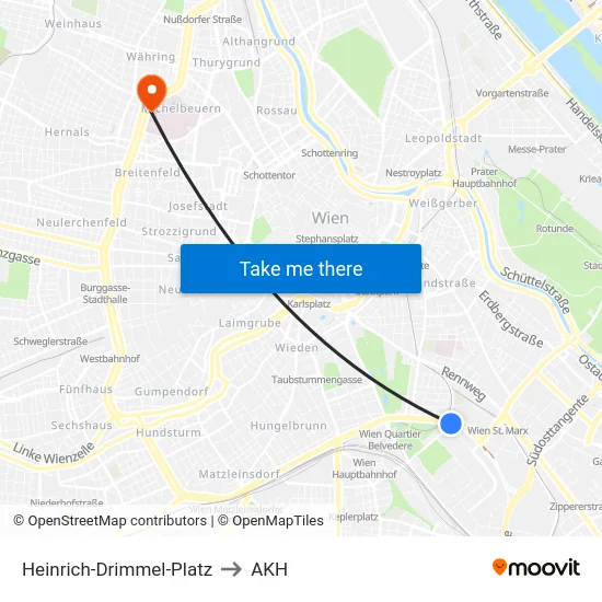 Heinrich-Drimmel-Platz to AKH map