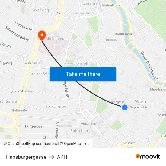 Habsburgergasse to AKH map