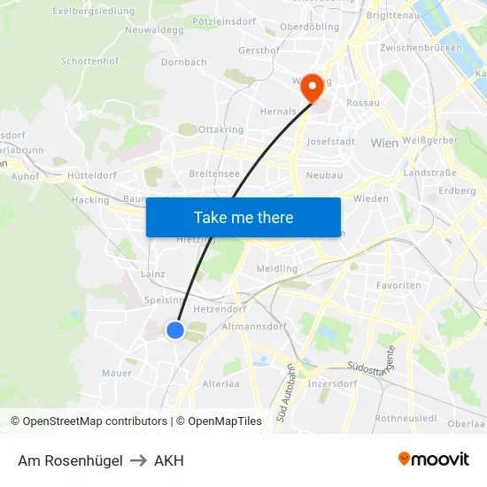 Am Rosenhügel to AKH map