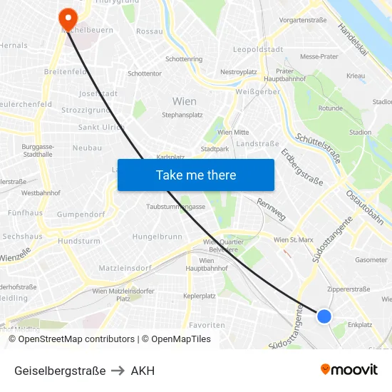 Geiselbergstraße to AKH map