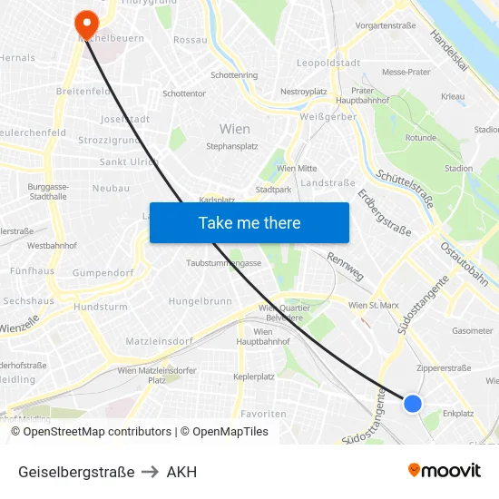 Geiselbergstraße to AKH map