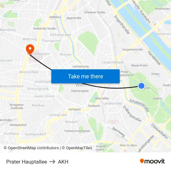 Prater Hauptallee to AKH map