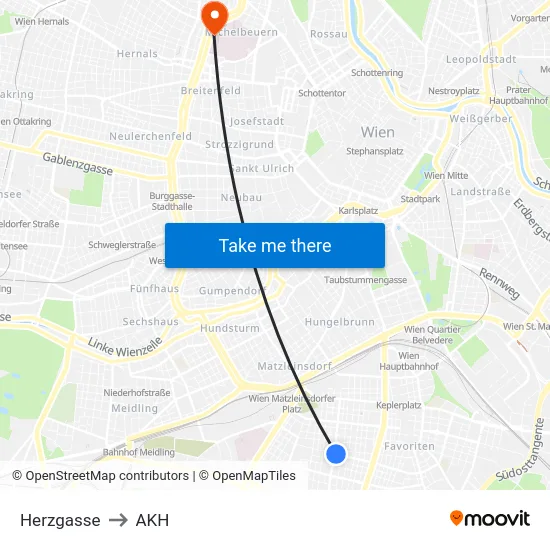 Herzgasse to AKH map