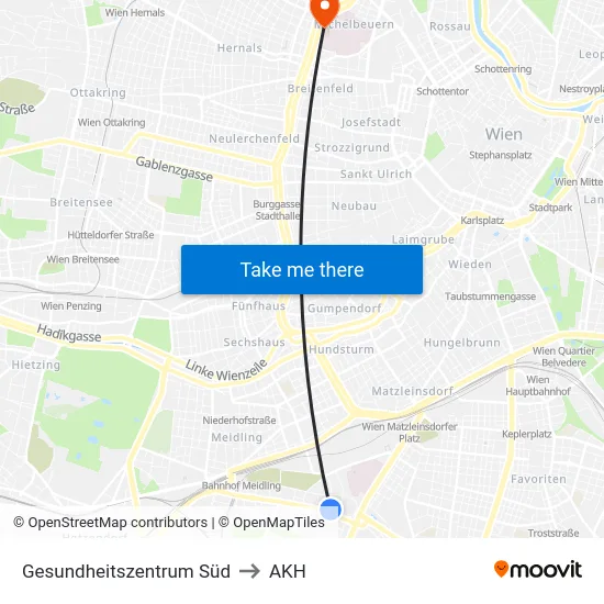 Gesundheitszentrum Süd to AKH map