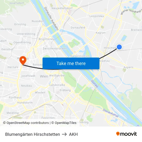 Blumengärten Hirschstetten to AKH map