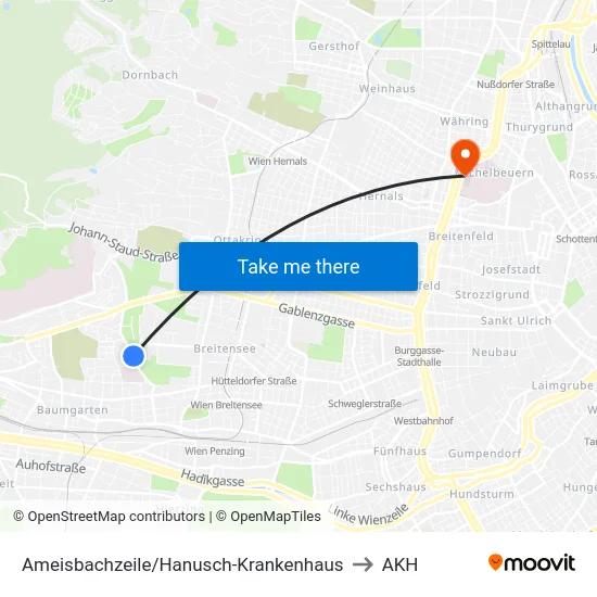 Ameisbachzeile/Hanusch-Krankenhaus to AKH map