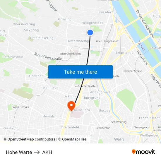 Hohe Warte to AKH map