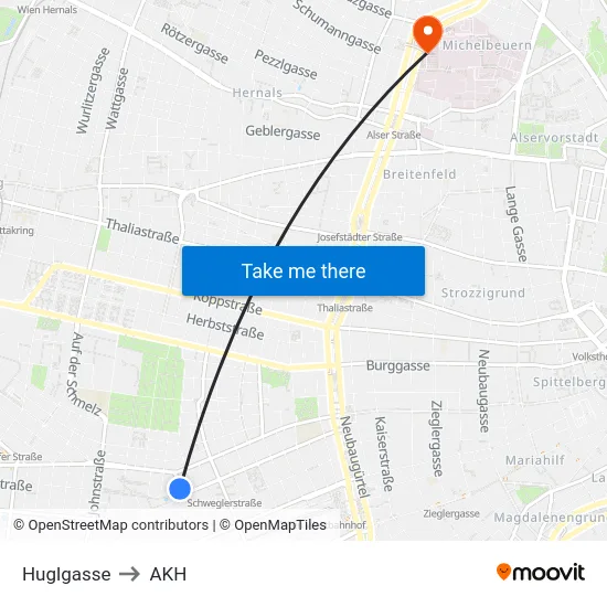 Huglgasse to AKH map