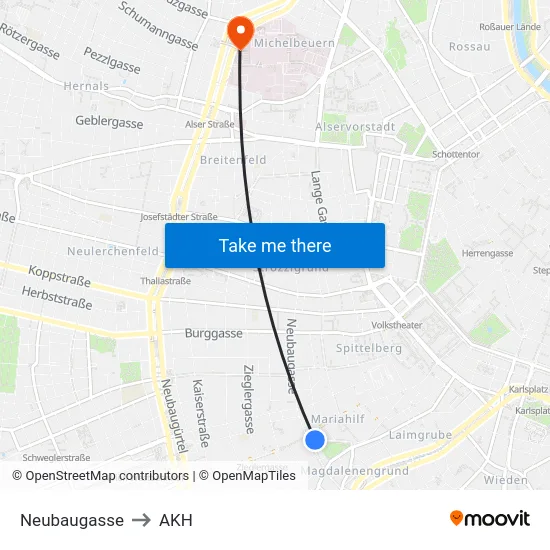 Neubaugasse to AKH map