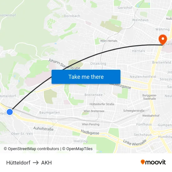 Hütteldorf to AKH map