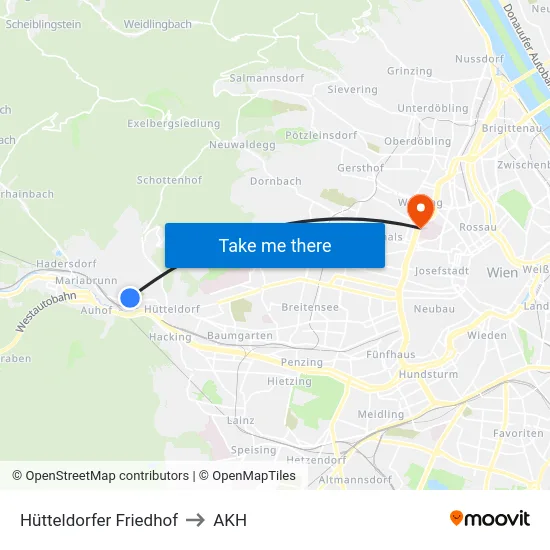 Hütteldorfer Friedhof to AKH map