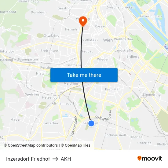 Inzersdorf Friedhof to AKH map