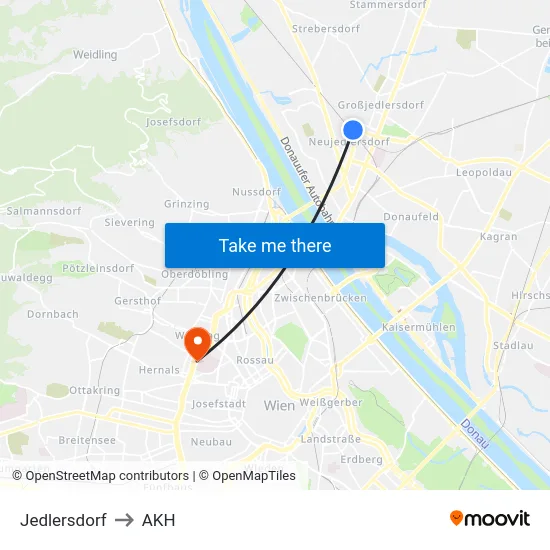 Jedlersdorf to AKH map