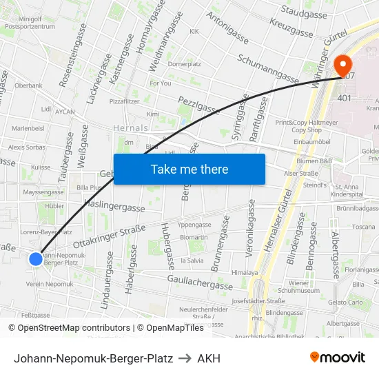 Johann-Nepomuk-Berger-Platz to AKH map