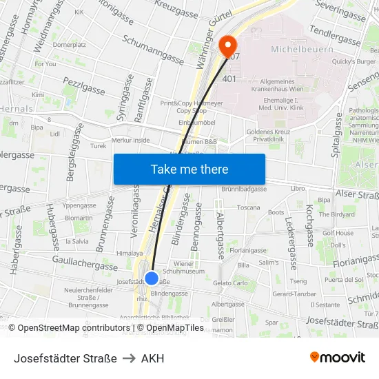 Josefstädter Straße to AKH map