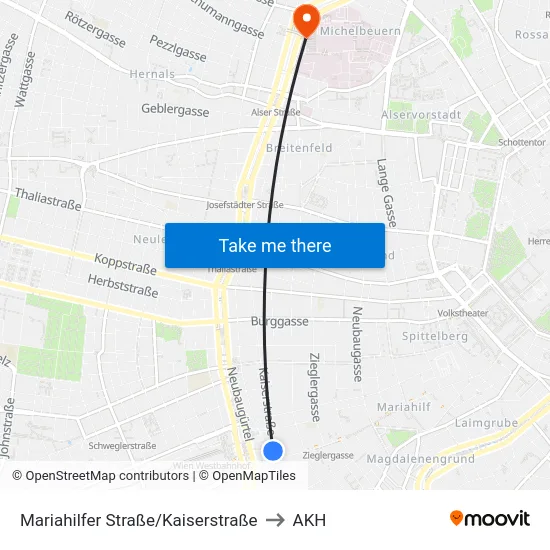 Mariahilfer Straße/Kaiserstraße to AKH map