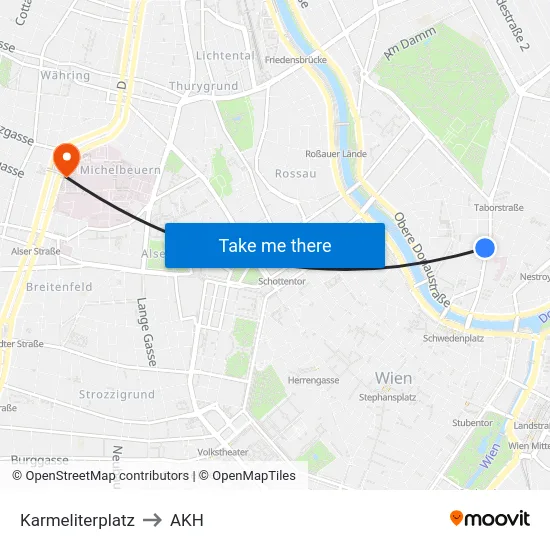 Karmeliterplatz to AKH map