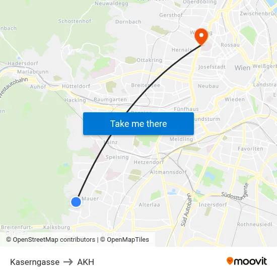 Kaserngasse to AKH map