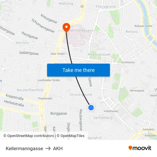 Kellermanngasse to AKH map