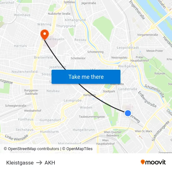 Kleistgasse to AKH map