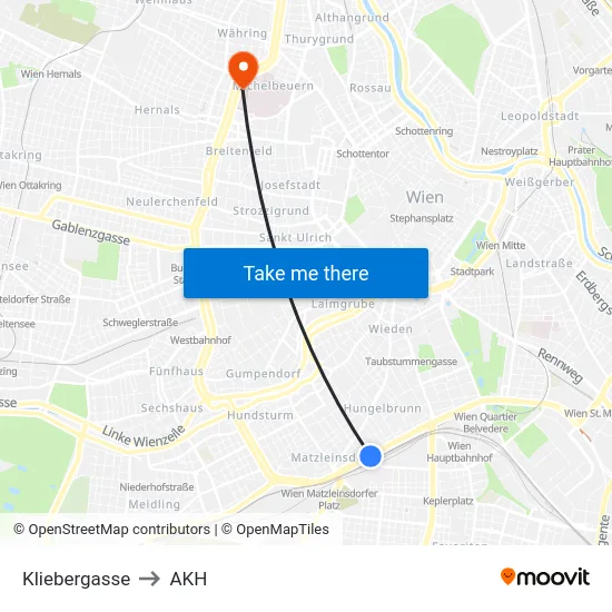 Kliebergasse to AKH map