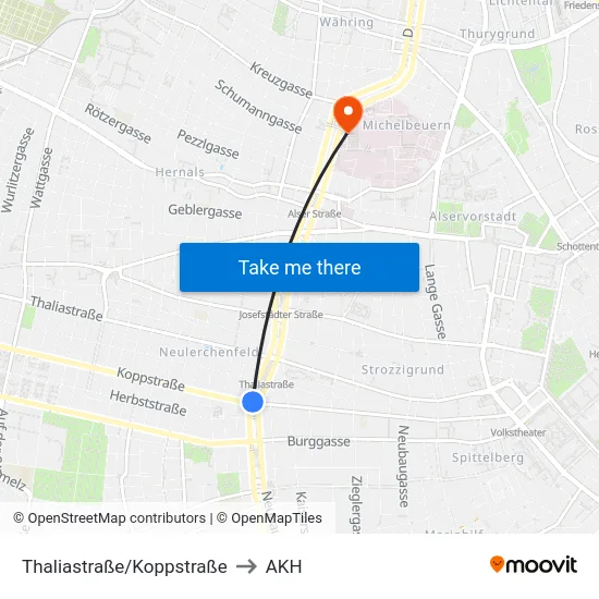 Thaliastraße/Koppstraße to AKH map