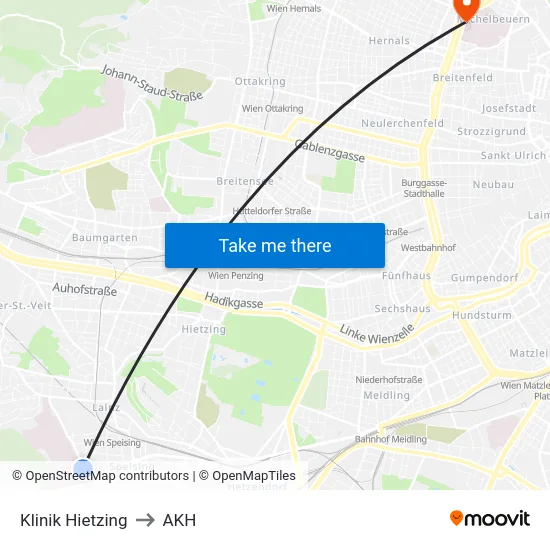 Klinik Hietzing to AKH map