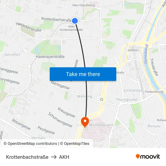 Krottenbachstraße to AKH map