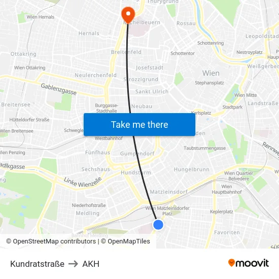 Kundratstraße to AKH map