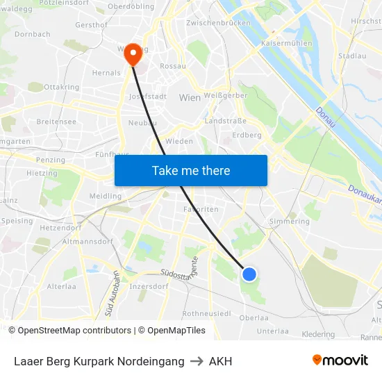 Laaer Berg Kurpark Nordeingang to AKH map