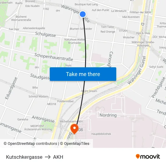 Kutschkergasse to AKH map