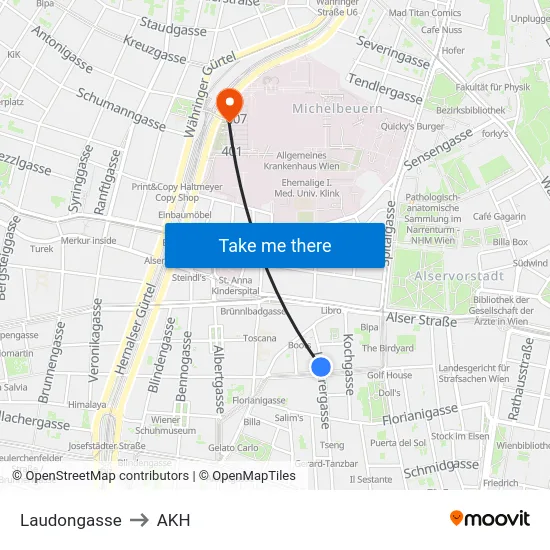 Laudongasse to AKH map