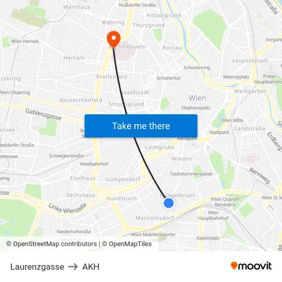 Laurenzgasse to AKH map