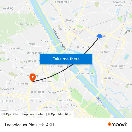 Leopoldauer Platz to AKH map